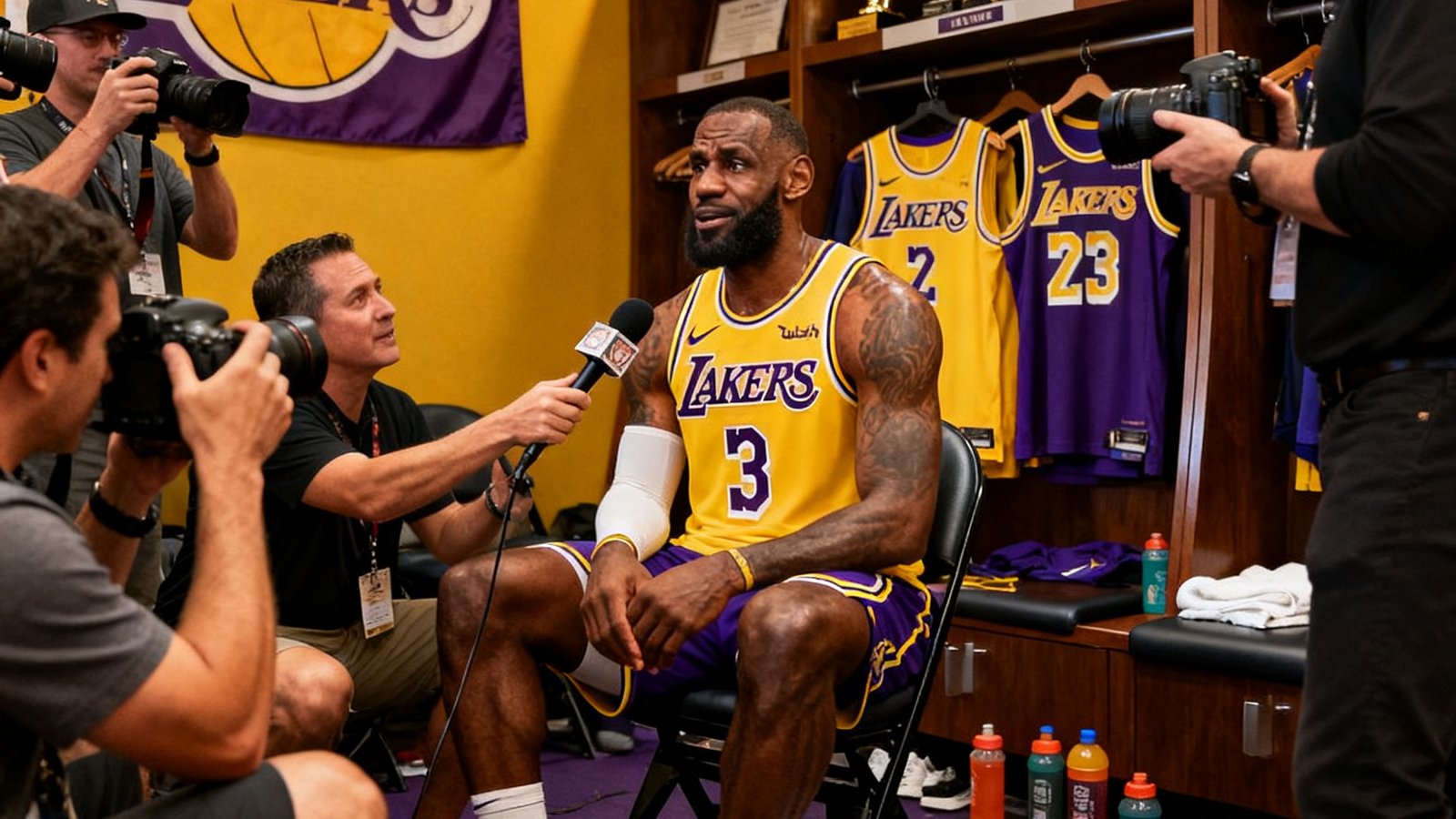 NBA季后赛湖人队获胜后勒布朗詹姆斯在更衣室接受媒体采访的画面